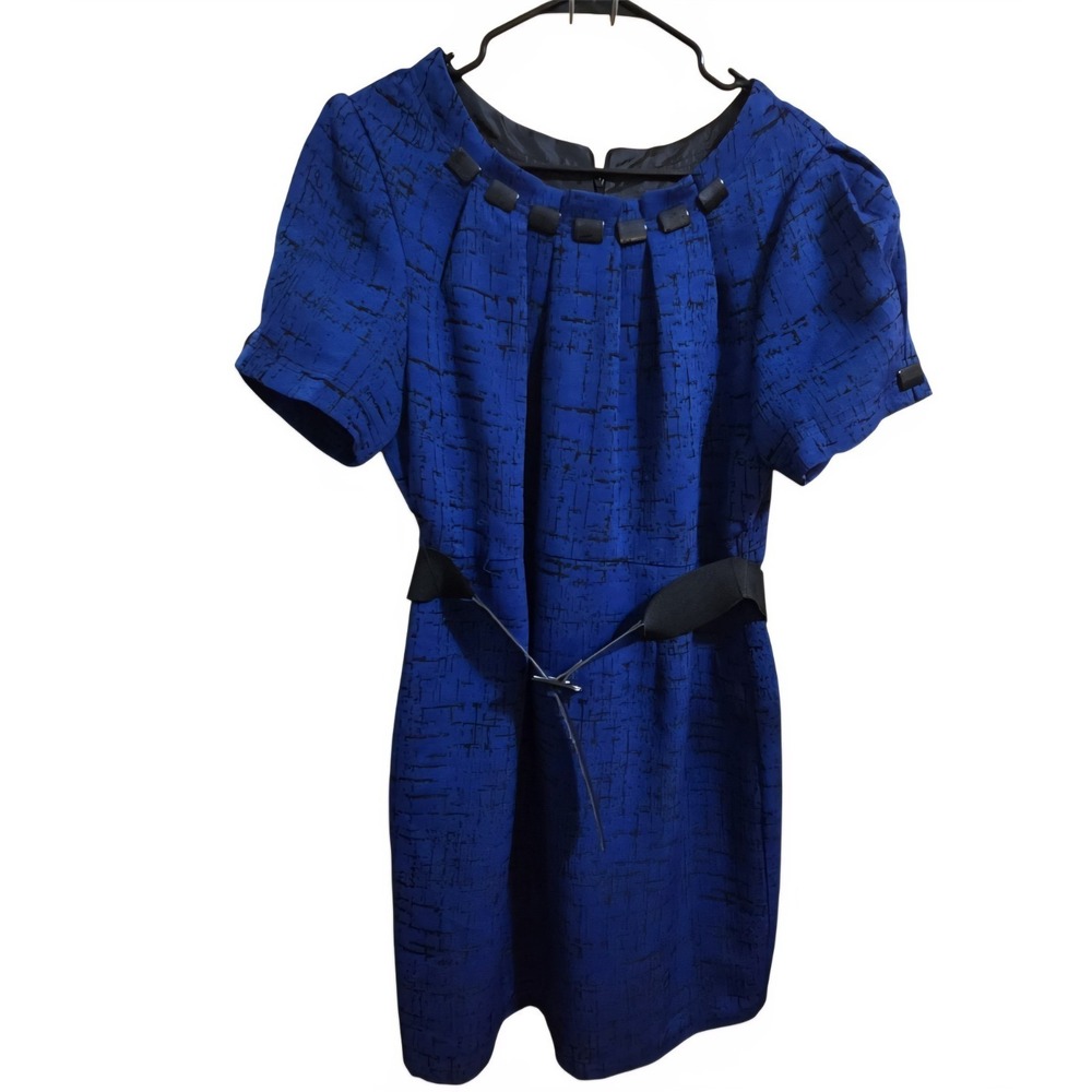 R&M Richards Petite Royal Blue Black Crosshatch Studded Sheath Dress 16P